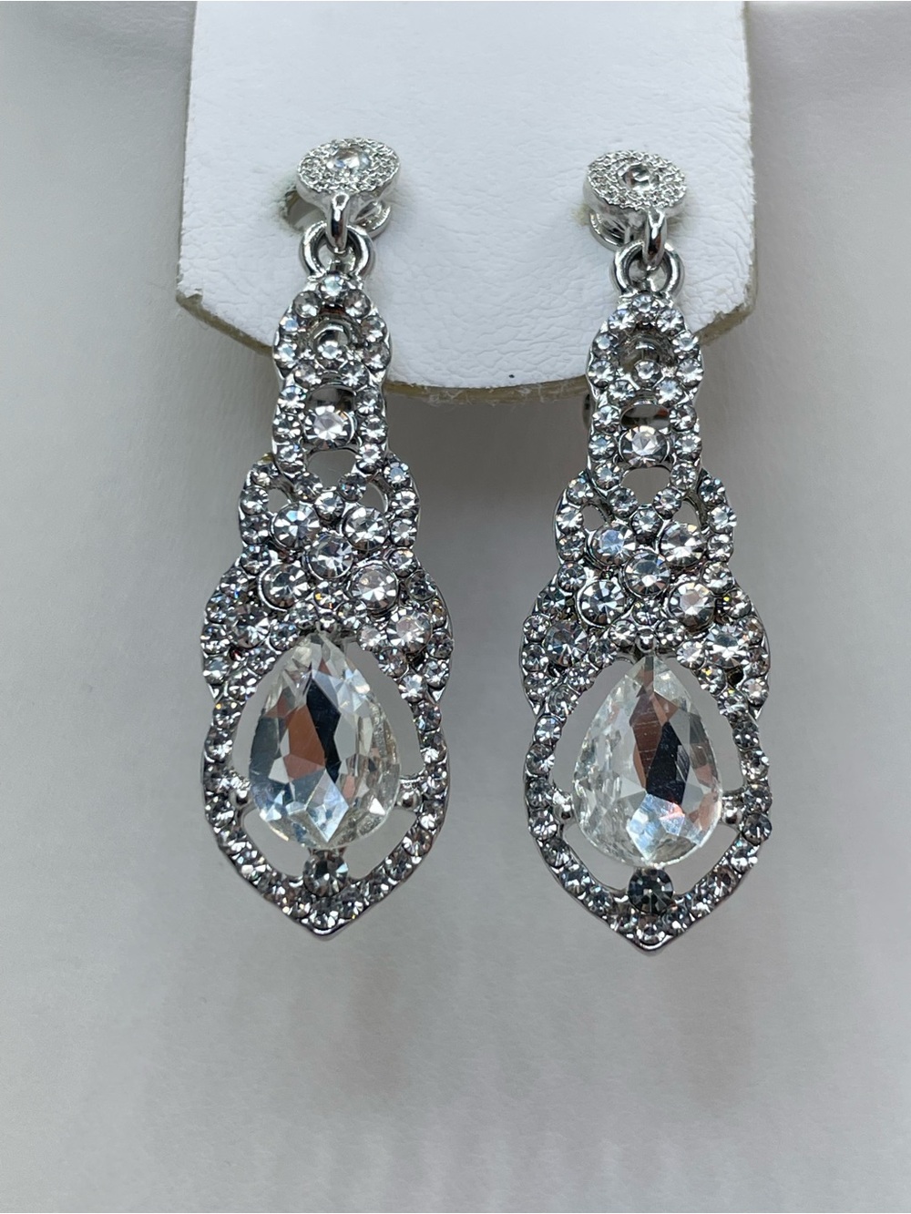 Silver Clear Crystal Rhinestone Clip On Dangle Earrings Bridal Statement